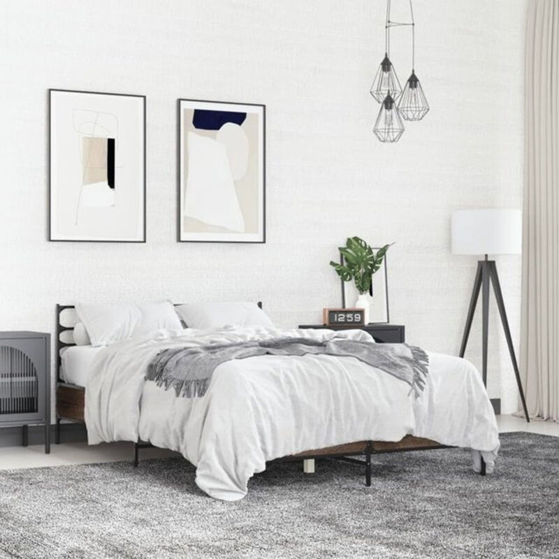 Vidaxl Doppelbett Bettgestell in Braun mit Eichen-Optik aus Holzwerkstoff und Metall im Industrial Design B/T/H: 135 x 190 cm - Bild 1