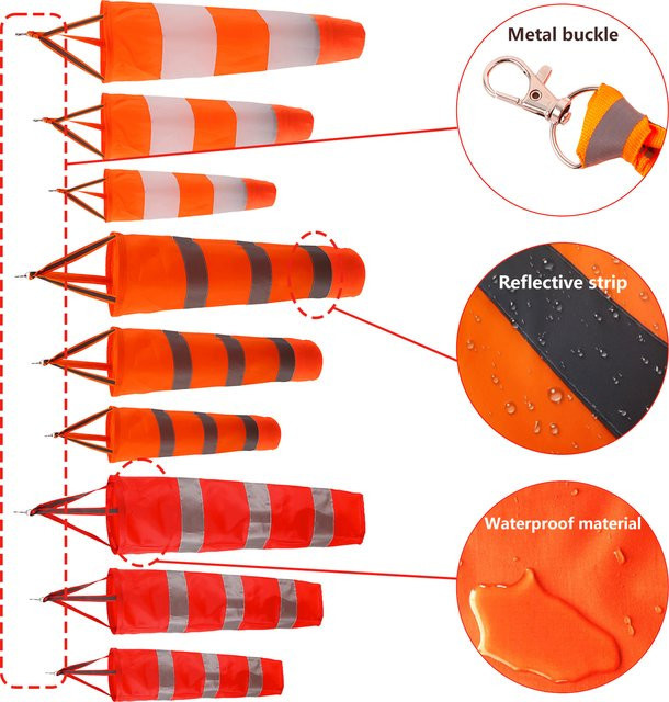 Windsack für Außenbereiche zur Windrichtungs-Messung mit Reflektorstreifen aus Rip-Stop-Textil, gestreift, Farben: Rot, Grau, Orange, B/H: 60 x 80 cm oder 80 x 100 cm - Bild 1