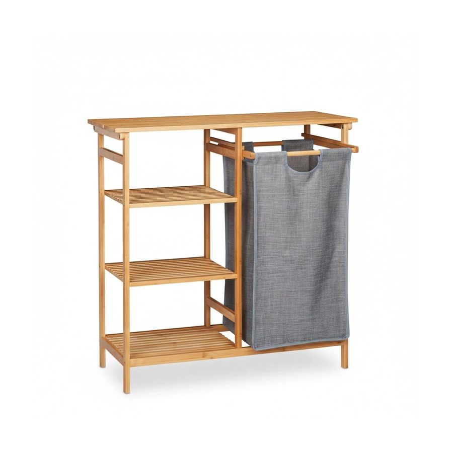 Relaxdays Badregal aus Bambus mit Wäschekorb aus Stoff in Grau, 4 Ablagen, B/T/H: 80,5 x 80 x 33,5 cm - Bild 2