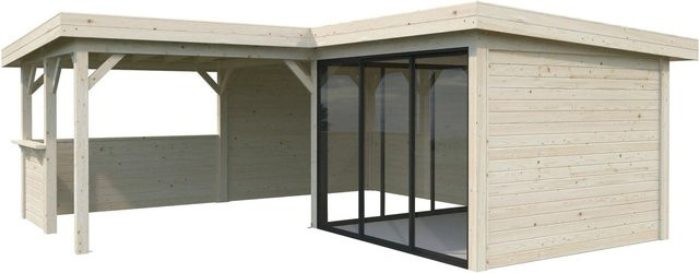PALMAKO Pavillon Lenna Set 409 Slide aus Fichtenholz in Braun mit transparenten Alu-Schiebetüren und Eck-Tresenanlage, B/H/T: 588 x 245 x 588 cm - Bild 2