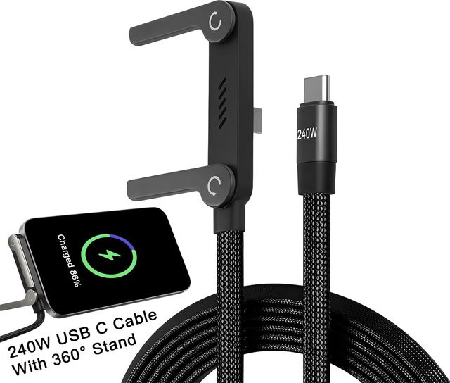 Fireurus 2-in-1 USB-C Schnellladekabel mit faltbarem Telefonhalter, 240 W, Schwarz - Bild 1