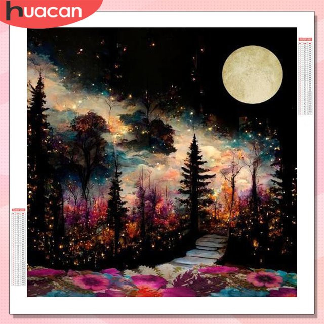 HUACAN Diamant-Mosaik Set Waldlandschaft mit Mond als 5D Kreativ-Hobby Set in Multicolor, B/H: 20 x 20 cm - Bild 1