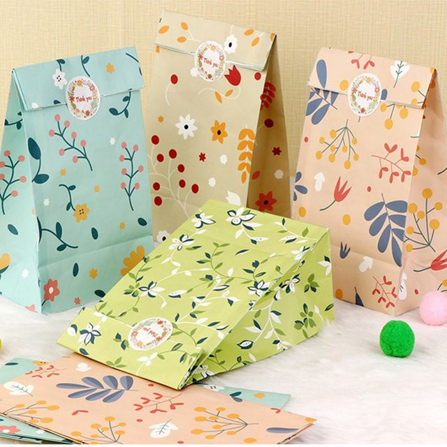 Pflanzenmuster Kraftpapier-Geschenktüten mit Aufklebern für Süßigkeiten und Bäckerei, Mehrfarbig, 12 oder 24 Stück - Bild 1