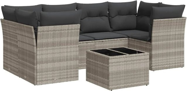 vidaXL 7-teilige Garten-Sofagarnitur in U-Form aus Polyrattan mit Kissen in Hellgrau - Bild 1