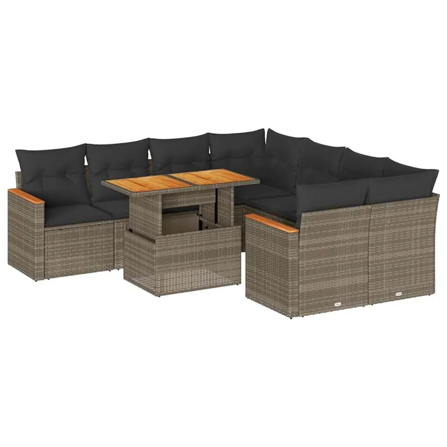 vidaXL 9-teilige Garten-Sofagarnitur aus Poly-Rattan und Akazienholz in Grau mit Kissen - Bild 2