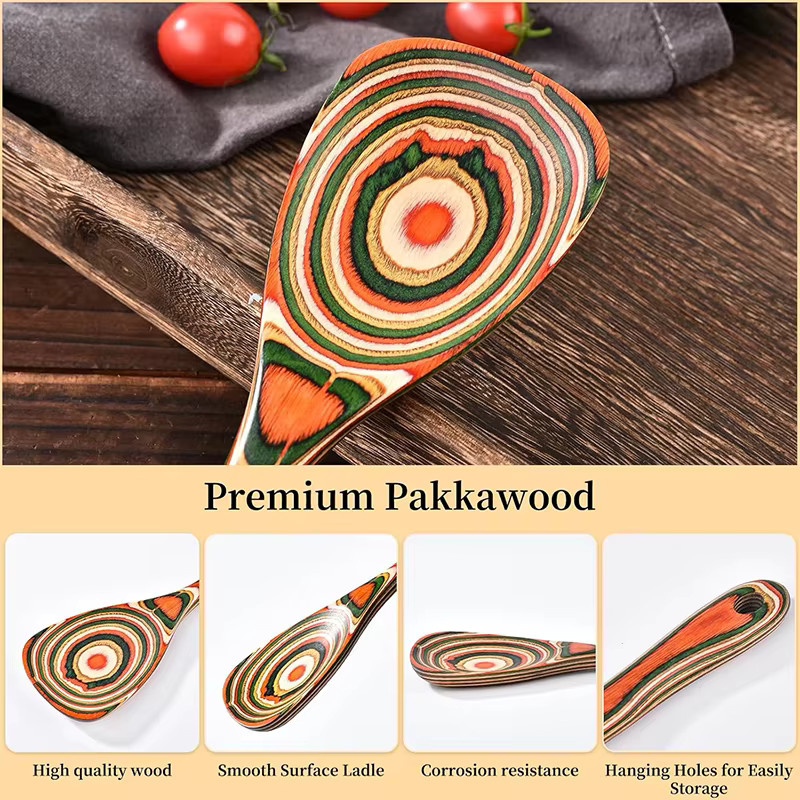 LMETJMA Pakkawood Kochutensilien-Set aus Holz in Multicolour, kratzfreies Set aus Holzlöffeln und Salatservierutensilien mit ovaler Form - Bild 3