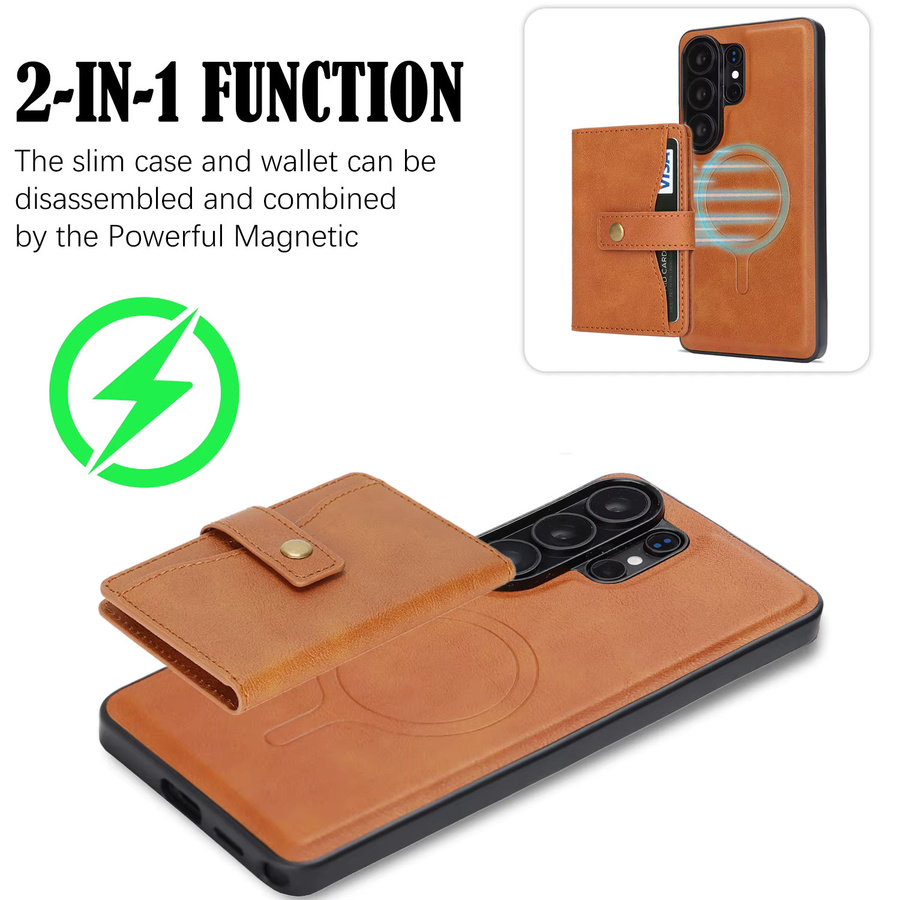 2-in-1 Magnetische Lederhülle für Samsung Galaxy S26 S25 Ultra S24 Plus S23 mit Ständer und kabelloser Ladefunktion in Rot und Braun - Bild 4