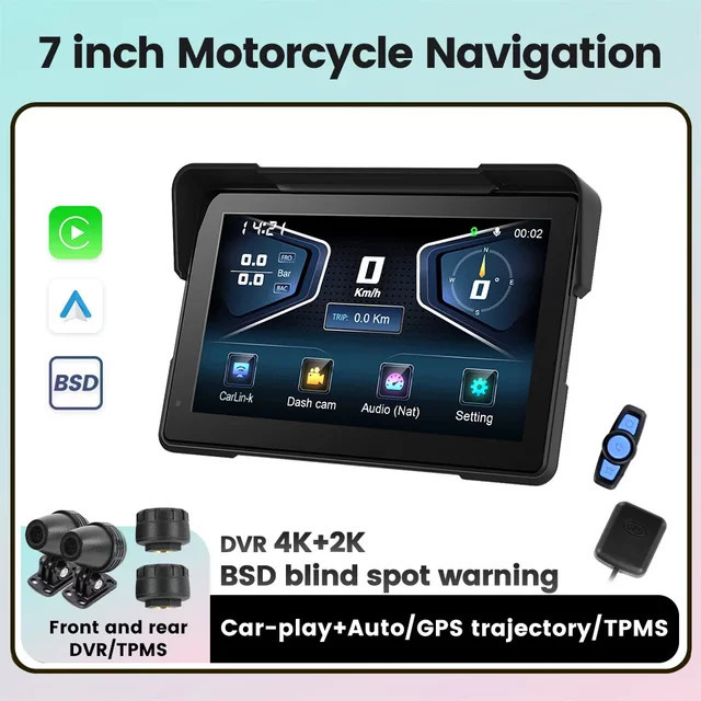 NAVIFANS Tragbarer 7 Zoll Motorrad Navigationsbildschirm mit kabellosem CarPlay und Android Auto, Schwarz, inklusive GPS und DVR Option - Bild 1