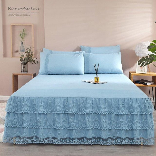 Super Six 3-teiliges Bettrock-Set mit Spitzenrüschen in Blau, B/T: 150 x 200 cm - Bild 1