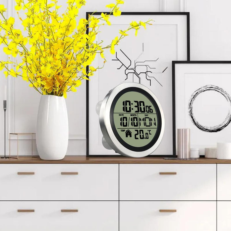 Tooarts Digitale Wanduhr mit Saugnapf, Wasserdicht, LCD mit Thermometer und Datumsanzeige, Silber, B/H: 14,5 x 14,5 cm - Bild 3
