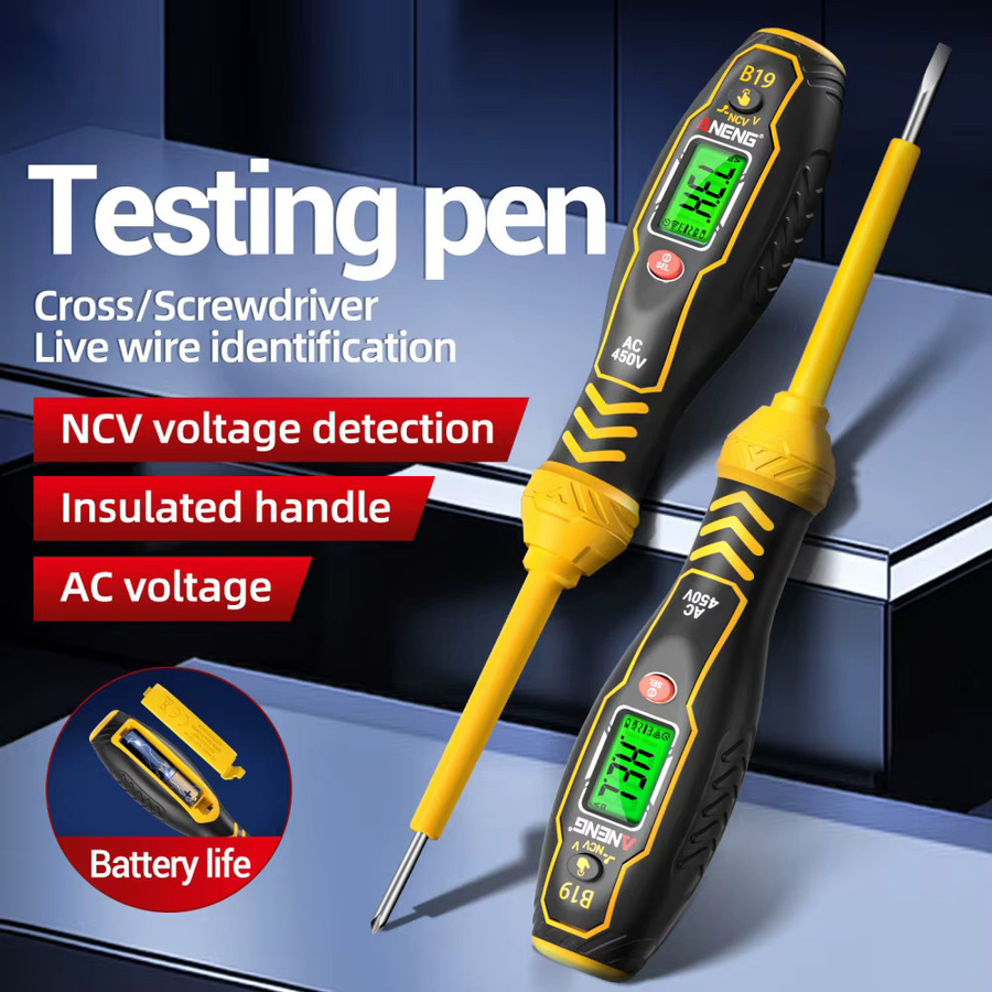 ANENG B19 Multifunktionaler Elektriker-Prüfschraubendreher, Berührungsloser Spannungsprüfer und Induktions-Teststift in Gelb - Bild 2