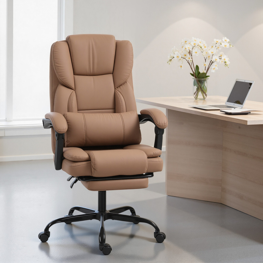 Ergonomischer HOMCOM Bürostuhl in Braun mit verstellbarer Rückenlehne, Fußstütze und Lendenkissen, gepolsterter Drehstuhl aus Kunstleder für Home-Office und Computerarbeit - Bild 2
