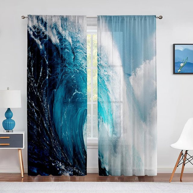 Transparenter Chiffon-Vorhang Super Six mit Ozean- und Wellen-Motiv in Blau, Breite: 100 cm, Höhe: 250 cm - Bild 1