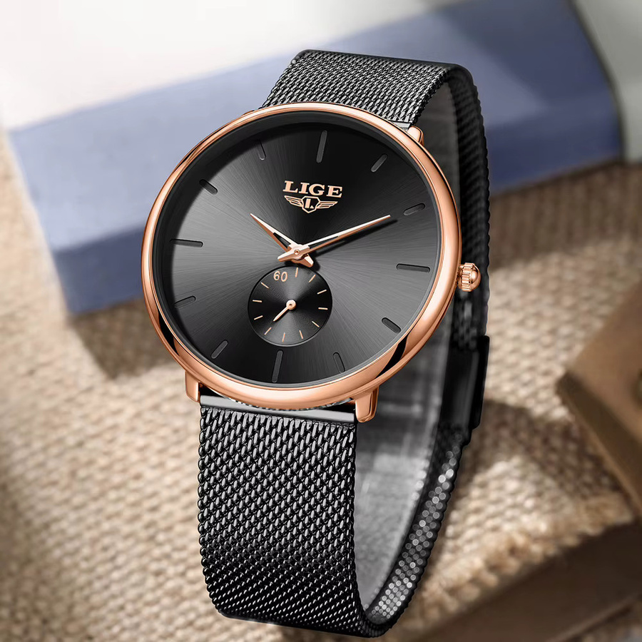 LIGE Armbanduhr Quarz, Edelstahl, Milanaise, Schwarz, Herren - Bild 4