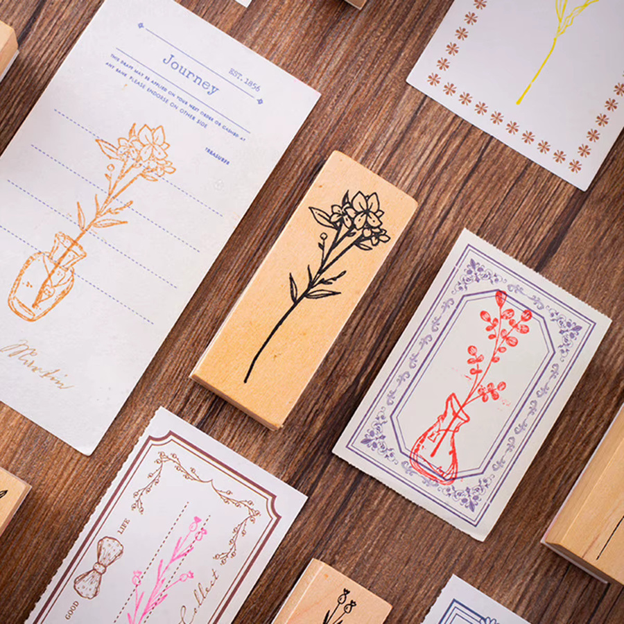 Set aus 8 Holzstempeln mit Retro-Pflanzenvasenmuster in Braun für Scrapbooking und DIY-Dekorationen - Bild 4