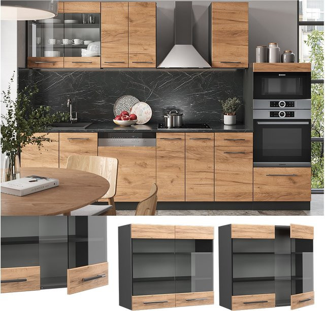 Vicco Küchen-Hängeschrank Fame-Line mit Glasschrank und Softclose-Scharnieren, Anthrazit Eiche, Breite: 80 cm - Bild 1