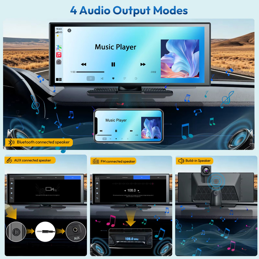 ESSGOO Auto-DVR Videorekorder mit 11,3 Zoll Display, 4K UHD und 1080P, kabelloses CarPlay & Android Auto, Dual-Aufnahme, Nachtsicht, WiFi, GPS, Bluetooth 5.3, FM, AUX und Mirror Link in Schwarz - Bild 4