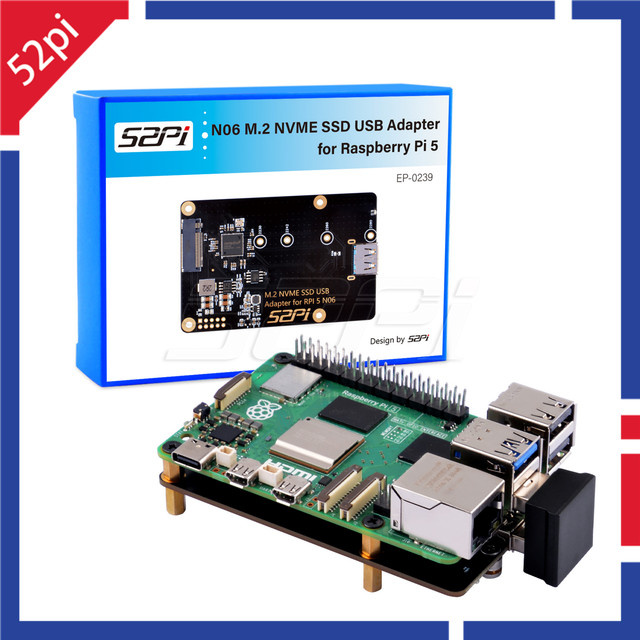 52Pi N06 M.2 NVMe SSD USB-Adapter für Raspberry Pi 5, kompatibel mit 2230/2242/2260/2280 SSDs, Schwarz - Bild 1