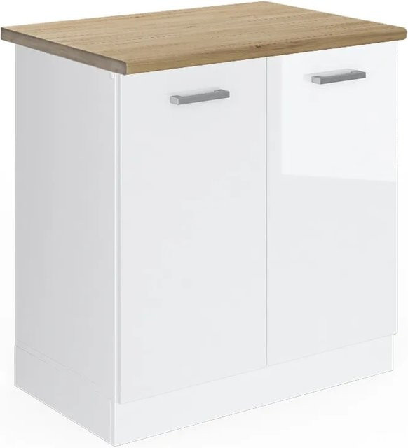 Vicco R-Line Spülenunterschrank Küchenunterschrank Weiß Hochglanz mit Eiche-Elementen Breite: 80 cm, Tiefe: 60 cm, Höhe: 81,6 cm - Bild 1