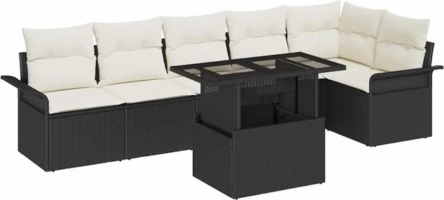 vidaXL 7-teiliges Gartensofa-Set aus Polyrattan in Schwarz-Creme mit Kissen und Tisch im L-Shape Design - Bild 1