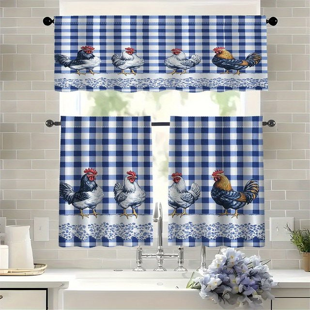 VIKAMA Rustikale Küchengardinen mit Hahn-Motiv in Blauem Karomuster, halbtransparente Stoffvorhänge für Wohnzimmer und Schlafzimmer - Bild 1