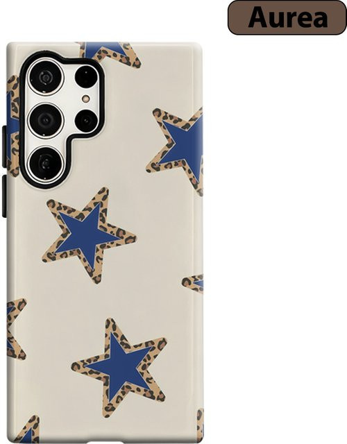 Stoßfeste Doppelschicht Handyhülle mit Leopardenmuster und blauen Sternen für Samsung Galaxy S25 Ultra, S24 und S23 Ultra Plus in Multicolor - Bild 1