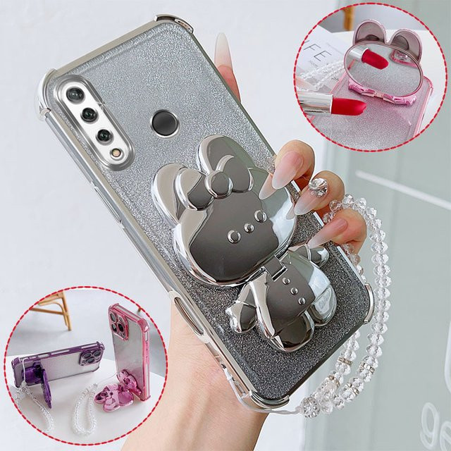Stoßfeste Handyhülle mit Hasen-Make-up-Ständer und Kristall-Lanyard für Huawei Y9 Prime 2019 Y9s P SmartPro Z Honor 9X Pro in Schwarz - Bild 1