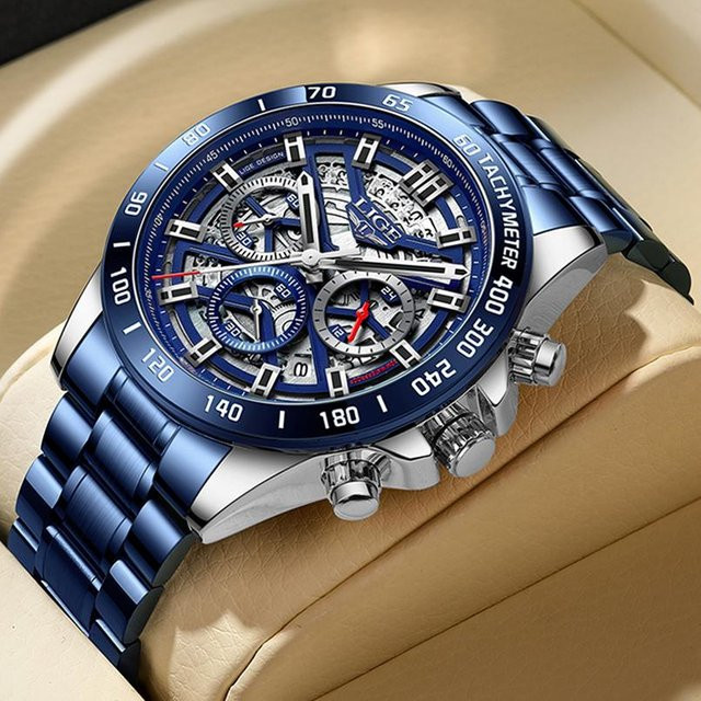 LIGE Armbanduhr Edelstahl, Quarz, Silber/Blau, Herren - Bild 1