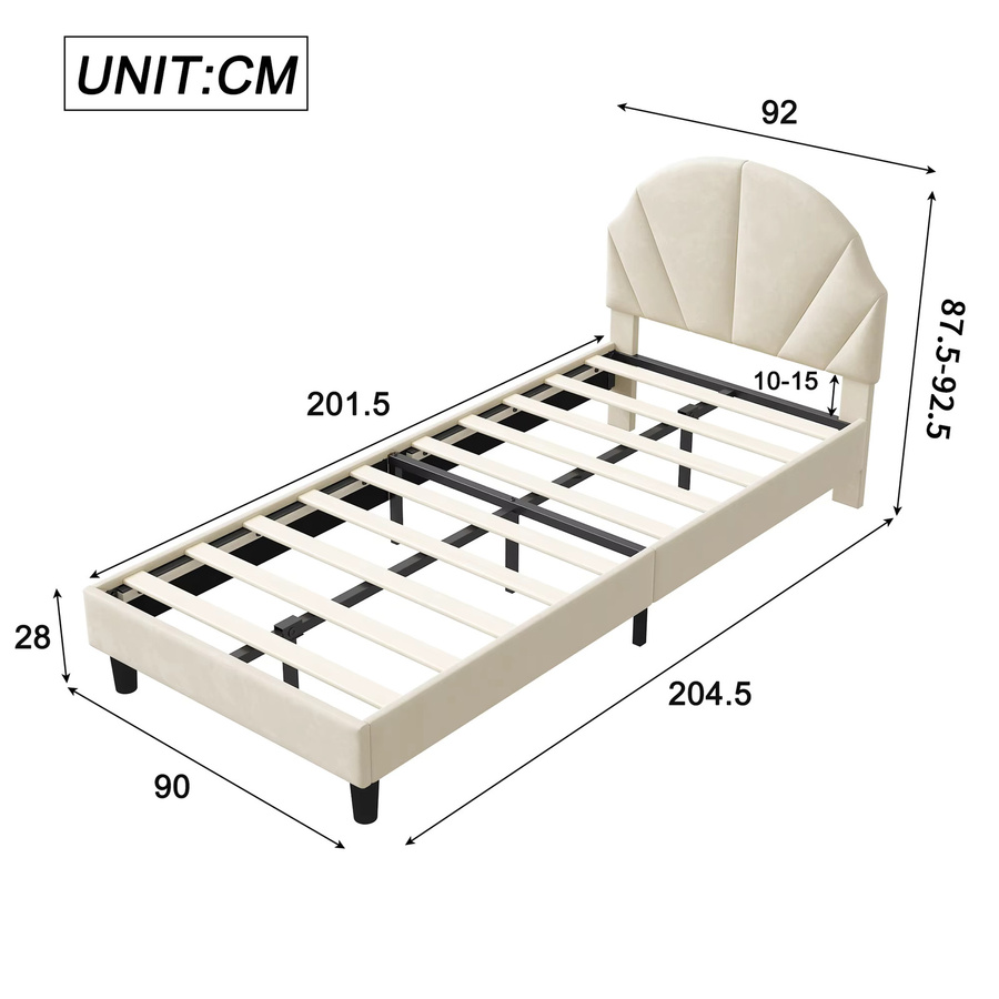 Anajqaqia Einzelbett für Kinder in Beige mit gepolstertem Samt-Rahmen und wellenförmigem Kopfteil, B/T: 90 x 200 cm - Bild 2