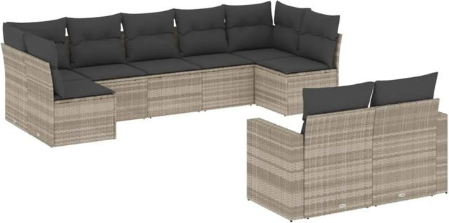 vidaXL 9-tlg. Garten-Sofagarnitur in L-Form aus PE-Rattan und pulverbeschichtetem Stahl mit Kissen in Hellgrau - Bild 1