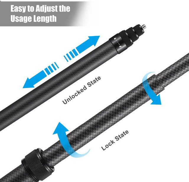 Shoemst Tragbarer Selfie-Stick und Stativ aus Carbonfaser mit 1/4 Zoll Schraubhalterung, verstellbare Länge von 36 cm bis 150 cm, Schwarz - Bild 1