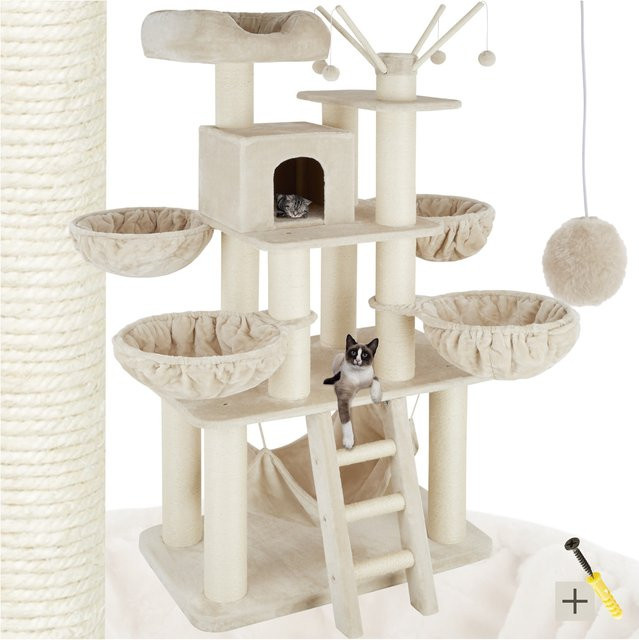 tectake Kratzbaum mit Katzenhaus, Hängematte und integriertem Spielzeug in Beige und Weiß, Plüsch, B/T/H: 130 x 79 x 195 cm - Bild 1