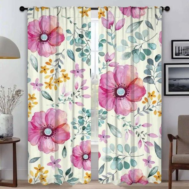 2er-Set Blumen Vorhänge für Wohnzimmer und Küche, halbtransparentes Design mit floralem Muster, Mehrfarbig, Breite: 50 cm, Höhe: 70 cm - Bild 1