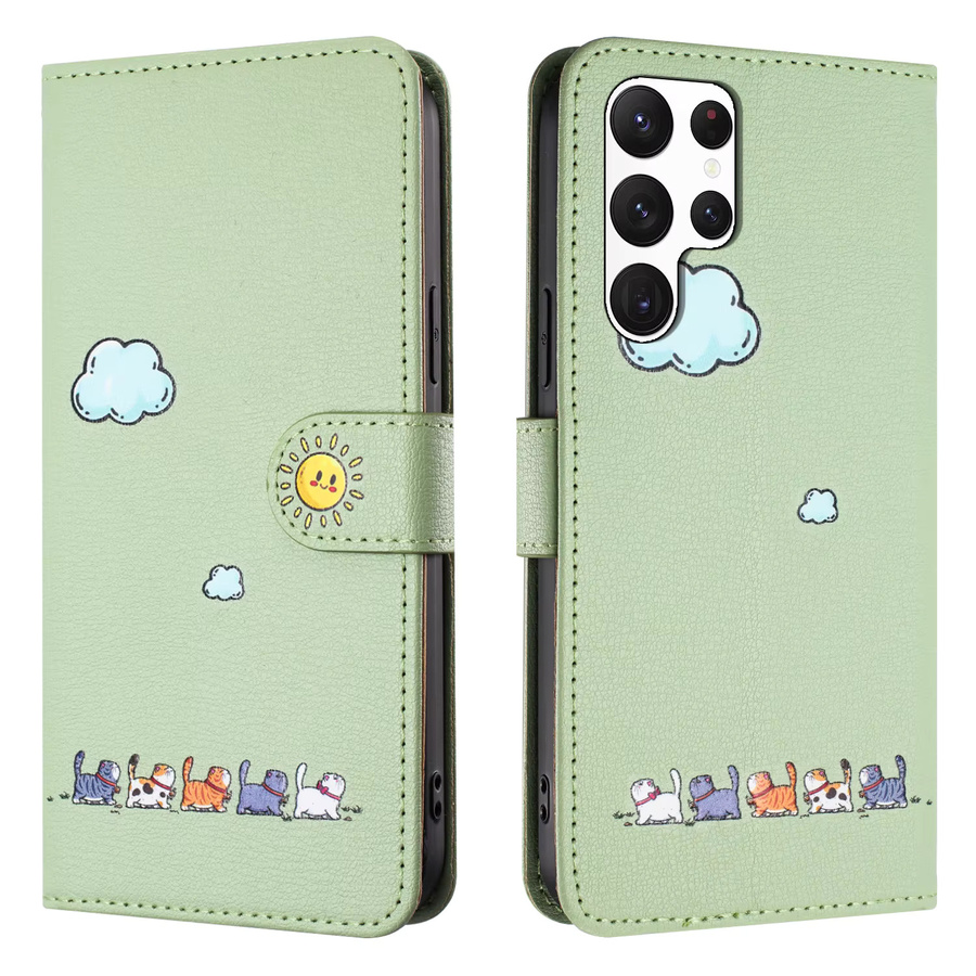 HKNR Leder Handyhülle mit Katzen-Design als Brieftasche für Samsung Galaxy S25 S24 S23 S22 S21 S20 Ultra Plus FE A16 A26 A36 A56 in Schwarz oder Grün - Bild 2