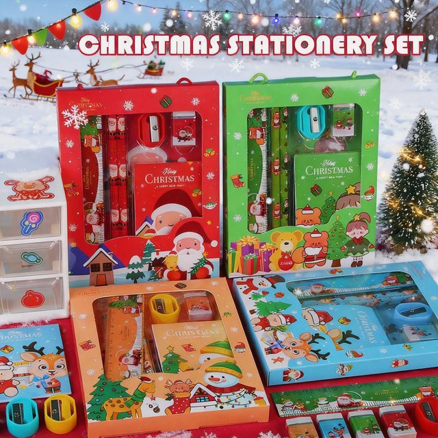 Weihnachten Schreibwaren-Set für Kinder mit Cartoon-Motiv, 6-teiliges Set bestehend aus Bleistiften, Radiergummi, Lineal, Memo Pads und Bleistiftmesser in Multicolour - Bild 1