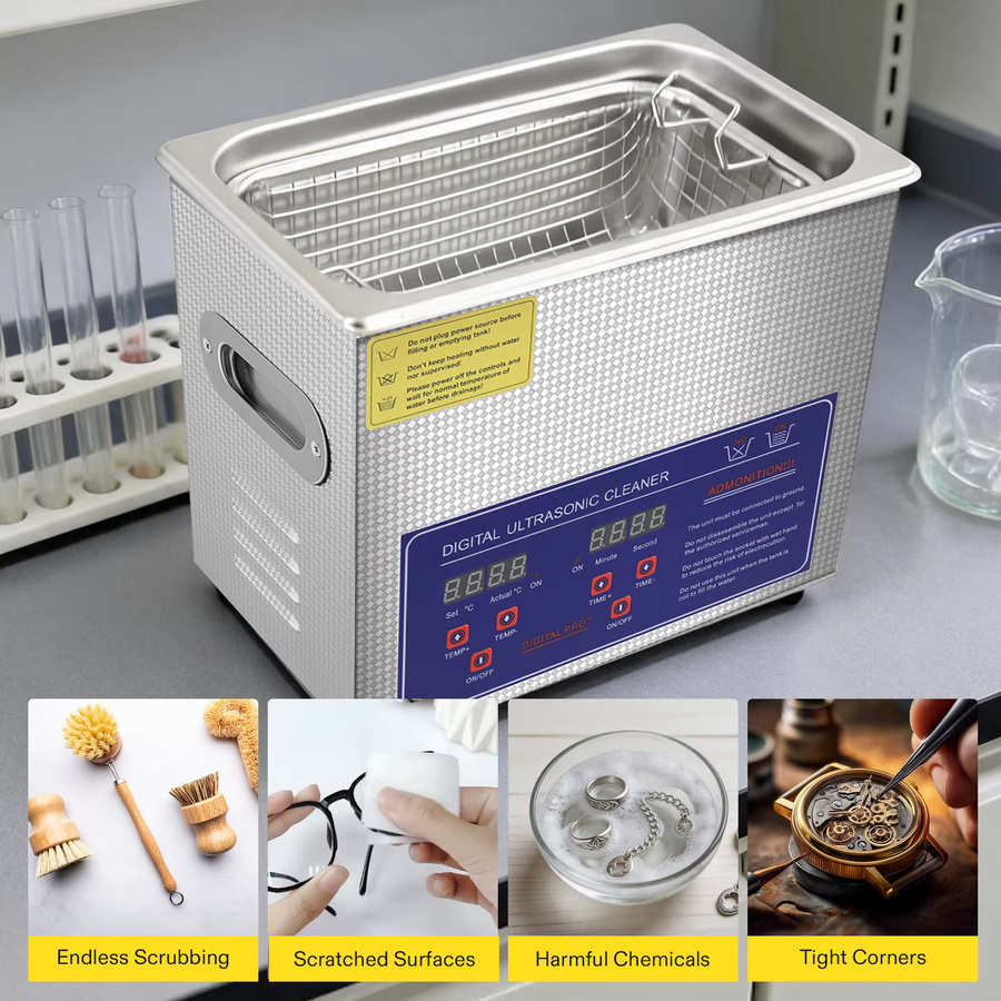 Sihao Professioneller Ultraschallreiniger aus Edelstahl in Silber mit Digitaltimer und Heizfunktion, 3 l, 40kHz für Schmuck, Brillen und Uhren - Bild 5