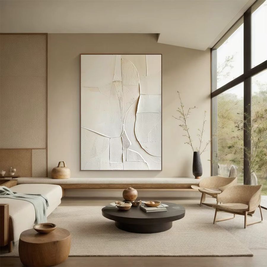 Minimalistisches abstraktes Leinwand-Ölgemälde in Cremeweiß und Beige im Wabi Sabi Stil mit 2D-Textur von Potdemiel - Bild 3