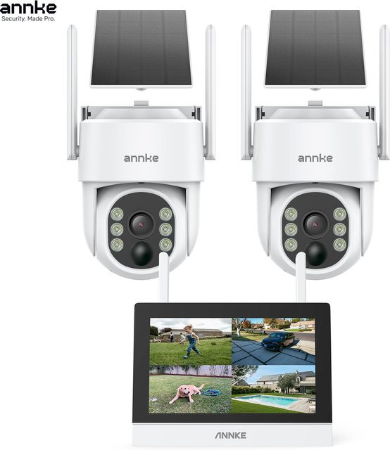 ANNKE 4-Kanal Drahtloses Sicherheitskamerasystem mit 7-Zoll-Monitor, 2 x 4MP Outdoor Solar-PTZ-Kameras in Weiß mit KI-Personenerkennung, Vollfarbige Nachtsicht und Zwei-Wege-Audio - Bild 1