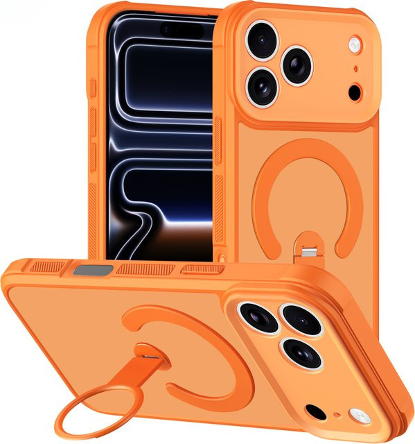Magnetische MagSafe Handyhülle mit 360 Grad drehbarer Ringhalterung für iPhone, Mattes Cover in Weiß und Orange - Bild 1