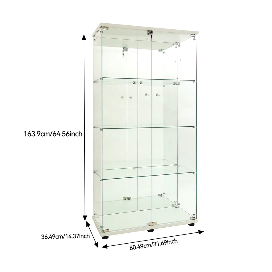 Fangange 4-stöckige Glas-Vitrine mit LED-Beleuchtung in Weiß, moderne Ausstellungsvitrine mit Doppeltür für dein Wohnzimmer - Bild 4