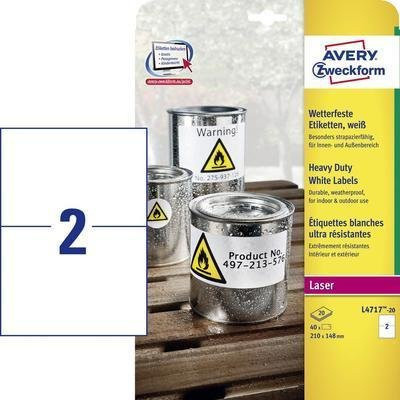 Avery Zweckform Folien-Etiketten L4717-20, weiß, wetterfest für Laser-Drucker, B/H: 21,0 x 14,8 cm, 40 Etiketten - Bild 1
