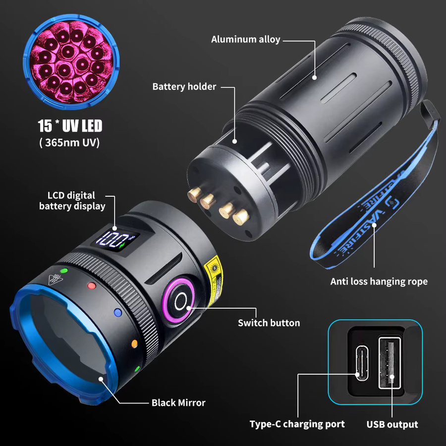 VASTFIRE Hochleistungs-Taschenlampe mit 15 LEDs und 365 nm UV-Licht in Schwarz und Violett, USB-aufladbar und wasserdicht - Bild 3