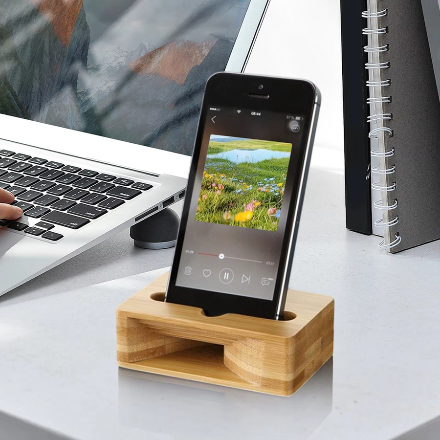 Holz Telefon Lautsprecher Verstärker Desktop Natürlicher Handy Ständer und Musik Audio Player in Braun - Bild 4