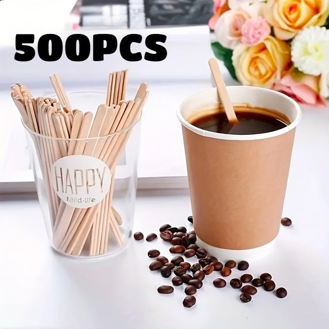 500 Stück YOCITY Kaffeerührstäbchen aus Holz in Beige für heiße und kalte Getränke sowie Eiscreme-Lollys - Bild 1