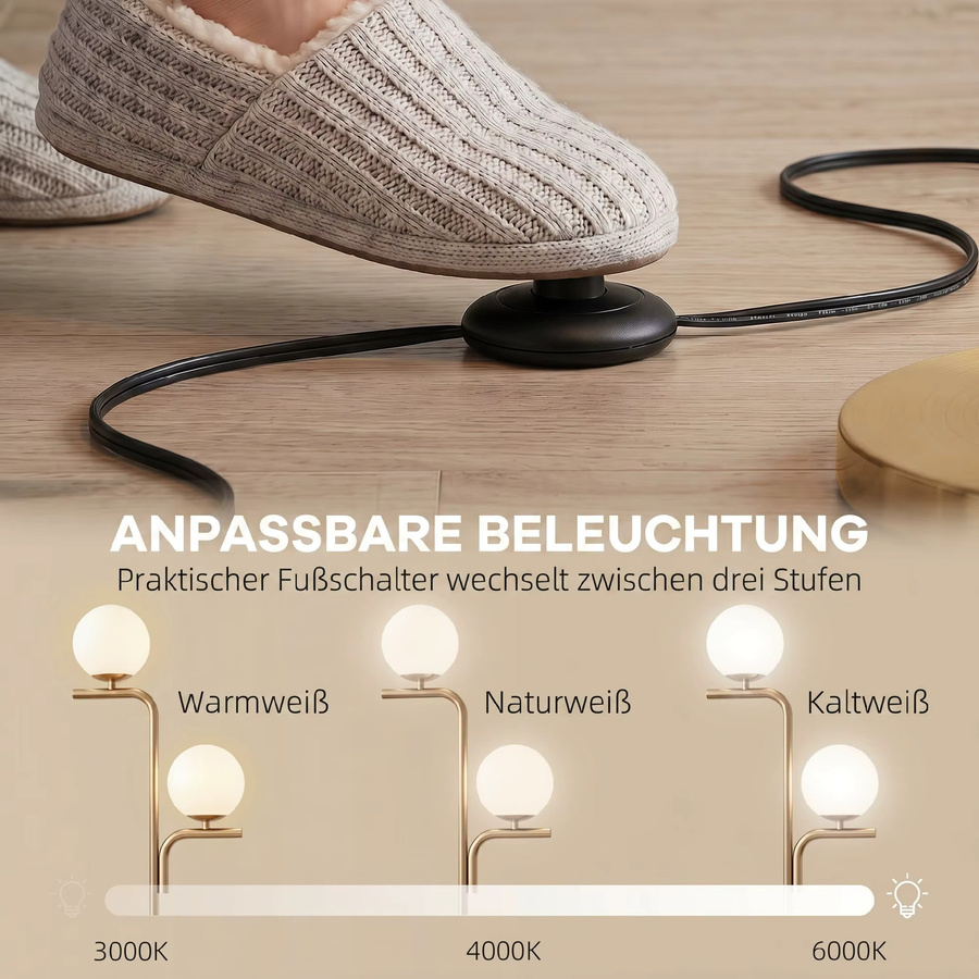 HOMCOM LED Stehlampe in Gold mit Glaskugelschirmen, dimmbar mit 3 Farbtemperaturen und Fußschalter, moderne Stehleuchte für Wohnzimmer, Schlafzimmer oder Büro - Bild 4