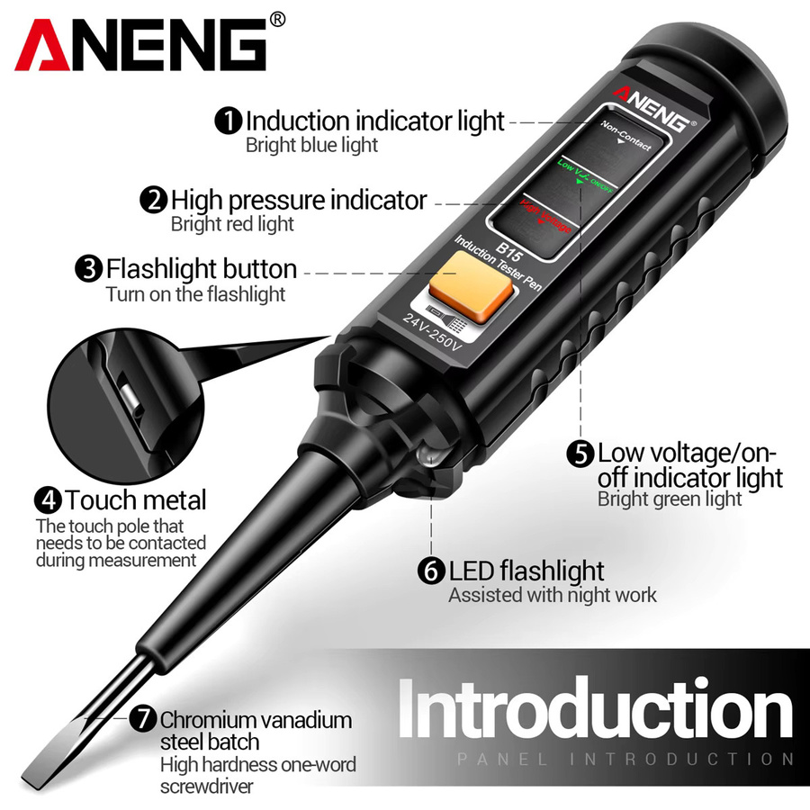 ANENG B15 Induktions-Tester mit Licht zur AC-Spannungserkennung, Schwarz - Bild 3