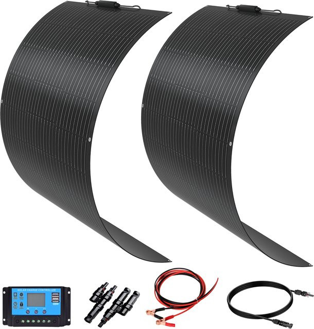 xinpuguang Solarpanel Set 200W, 2 x 100W flexible monokristalline Solarzellen, Schwarz, für Marine, Wohnmobil und Boot - Bild 1