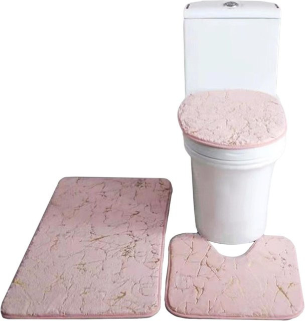 3-teiliges Badematten-Set von TOMTOP JMS in Rosa mit Marmorierung, rutschfest und wasserabsorbierend, bestehend aus Badematte, Toilettendeckel-Bezug und WC-Matte in U-Form - Bild 1