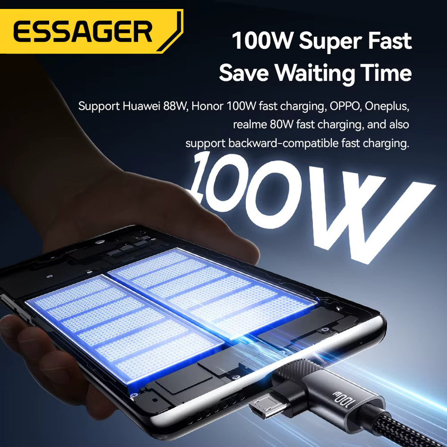 ESSAGER 2-in-1 Multifunktions-Schnellladekabel mit 100 W und 7 A für Typ C, Micro USB und Lightning in Schwarz oder Grau - Bild 3