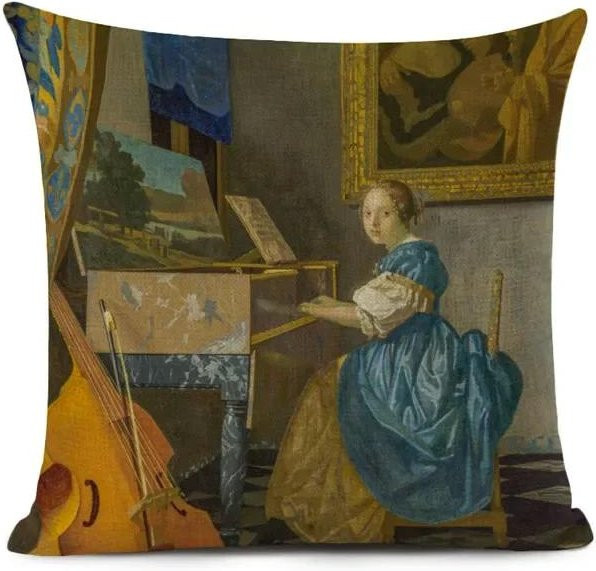 Dekorative Kissenhülle Mädchen mit Perlenohrringen von JMG Clothing in Blau, Leinen-Baumwoll-Mix, B/T: 45 x 45 cm - Bild 1
